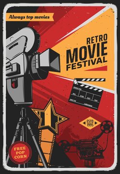 Retro movie festival vector poster with vintage video camera, film reel, award star and clapper. Film studio, cinema party or cinematography entertainment industry grunge card with old camcorder