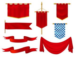 Medieval flags and banners, royal vector fabric of red and chequered blue and white colors. Vintage style ribbons, knight standards with golden fringe, antique military gonfalon on poles isolated set