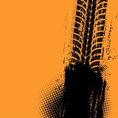 Offroad grunge vector tyre print. Automobile protector track, rally trace with dirty dotted black spot on yellow background. Motocross tires pattern, off road grungy trails with stain textured design © Vector Tradition