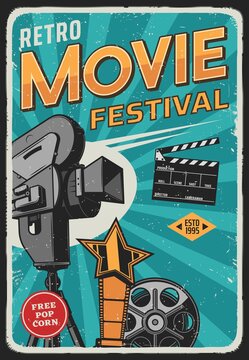 Movie And Cinema Film Festival Retro Poster, Vector, Video Projector And Camera In Spotlight. Retro Cinema, Movie Festival And Night Premiere Show, Star Award, Clapperboard And Free Popcorn Poster