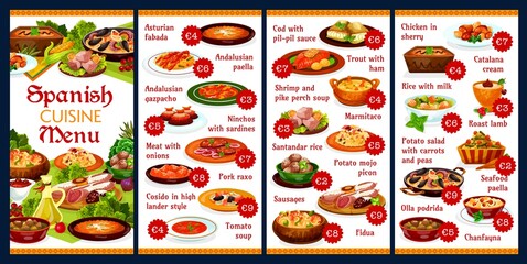 Spanish cuisine food menu and tapas, vector paella plate with seafood fish and meat. Spain restaurant traditional meals and lunch menu tomato soup gazpacho, fidua, Spanish sausages and Catalan cream