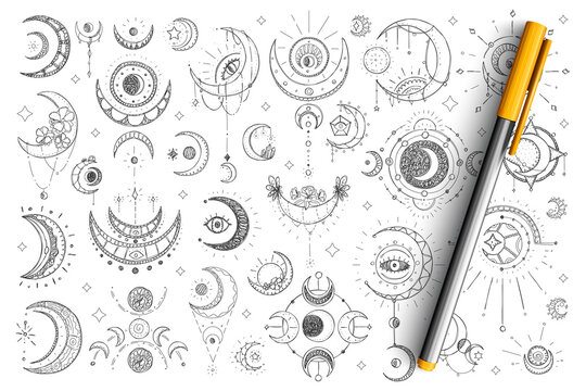 Spiritual and esoteric signs doodle set. Collection of hand drawn spiritual eyes, moons, stars and esoteric magical elements for occultism isolated on transparent background