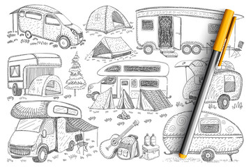 Trucks for travelling doodle set. Collection of hand drawn trucks vehicles, campings, tents and accessories for hiking and traveling on nature isolated on transparent background. Illustration of trip