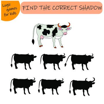 find the right shade, farm animal, cow and haystack. Vector illustration isolated on white background