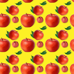 Red apples on a yellow background, color 2021. Seamless pattern, collage...