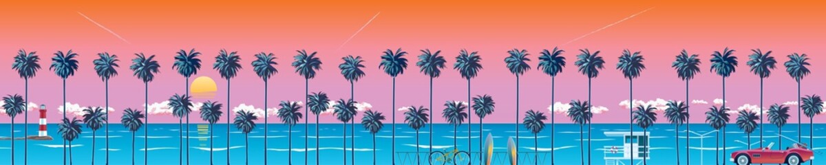 Fototapeta na wymiar Beach with palm trees at sunset, turquoise ocean water and orange sky with clouds. A natural backdrop for a summer vacation. Surfing beach. EPS 10 vector illustration