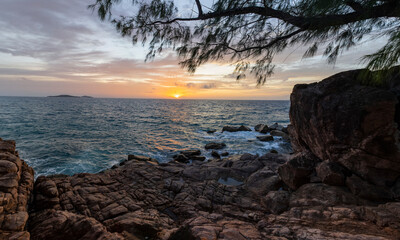 Sunset view of the Indian Ocean from Pointe Ste Marie on Praslin Island in the Seychelles 