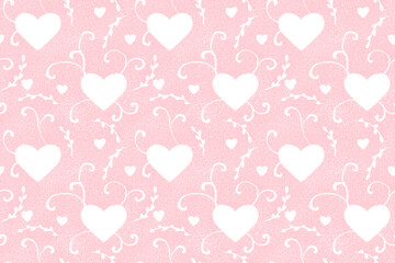 seamless romantic cute pink light background, backdrop with white hearts and curls