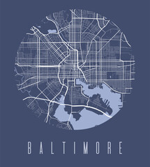 Baltimore map poster. Decorative design street map of Baltimore city, cityscape aria panorama.