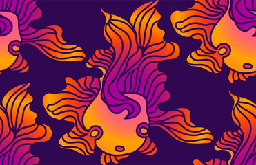 Colored cartoon gradient goldfish vector seamless pattern drawn by hand in doodle flat style. Animal design for baby clothes printing, package, icon, wrapping paper, wallpaper, baby goods.
