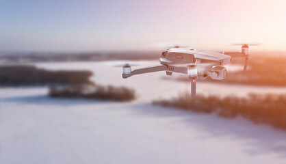 An unmanned quadcopter with a digital camera flies over the city in winter. The camera flies and takes pictures of the forest, the city. Close-up, blurred background. Modern technology, video filming 