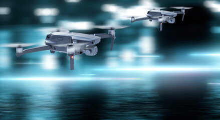 An unmanned quadcopter with a digital camera flies over the city in winter. The camera flies and takes pictures of the forest, the city. Close-up, blurred background. Modern technology, video filming 