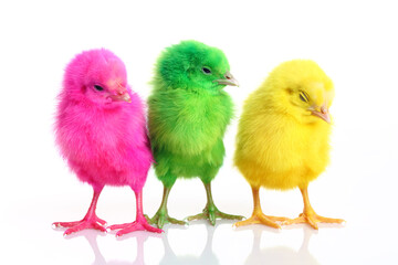 Cute colorful baby chickens sleeping on white background.