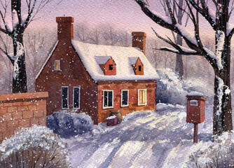Winter or christmas house with postbox in the village. Hand drawn watercolor illustration.