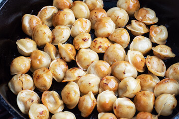 Delicious fried dumplings with meat in a pan. Close up