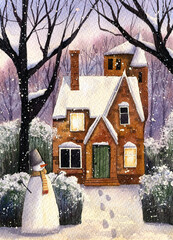 Snowmen near the house in  the village. Hand drawn watercolor illustration.