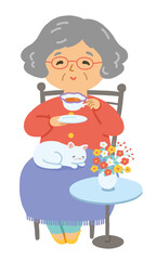 猫を膝に乗せて紅茶を飲んでいる年配の女性