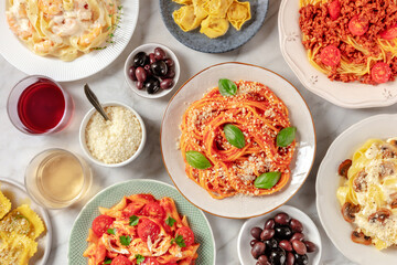 Pasta, various dishes, overhead flat lay shot, Italian food and wine