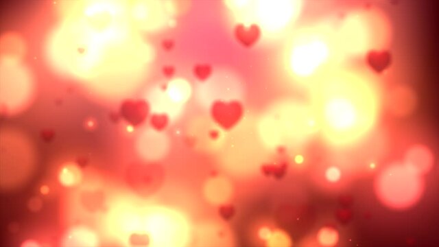 High quality seasonal motion graphic background celebrating St Valentine's Day, with deep red yellow color scheme, and shimmering pulsing hearts - add your own text