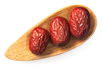 dried red dates in the wooden bowl, isolated on white, top view