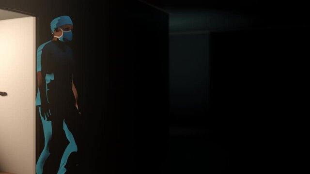 An exhausted and frustrated frontline medical worker in a dark hospital