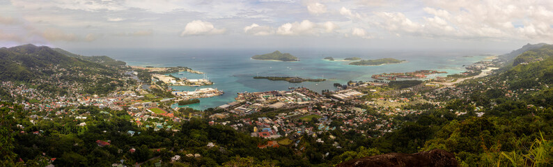 Elevated view of Victoria from Trois Ferés View Point on Mahe Island in the Seychelles