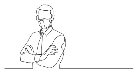 businessman wearing face mask with crossed arms - single line drawing