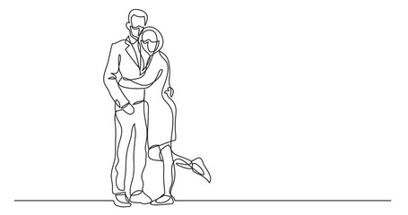 continuous line drawing of couple wearing face masks standing hugging