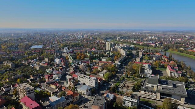 Landscape on aerial view urban quarter of residential area roofs the Uzhhorod in Zakarpattya UKRAINE