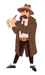 Detective writing down info on notebook spy vector