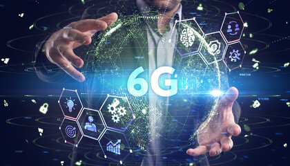 The concept of 6G network, high-speed mobile Internet, new generation networks. Business, modern technology, internet and networking concept.