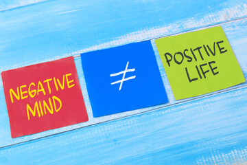 Negative mind is not equal to positive life, text words typography written on paper against wooden background, life and business motivational inspirational