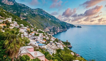 Fototapeta na wymiar The charming Italian seaside town of Praiano, perched above steep rocky cliffs with magnificent views of the Amalfi Coast.