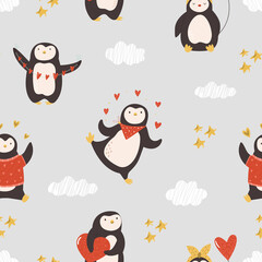 Vector seamless pattern with cute penguins for St. Valentines Day.