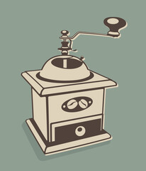 Classic manual coffee grinder for roasted coffee beans. Vector illustration isolated on a green background