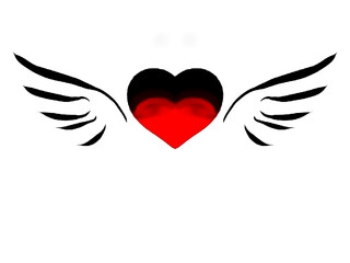 Red and black heart with black wings on a white background