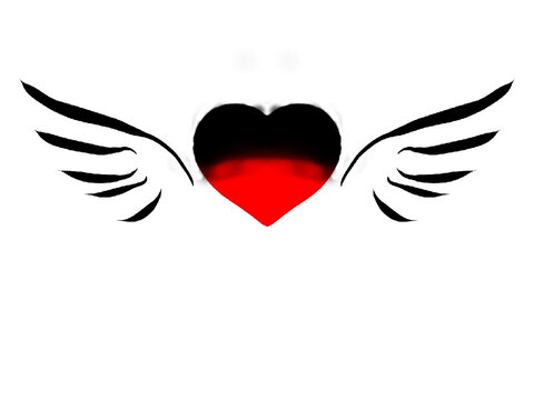Red and black heart with black wings on a white background