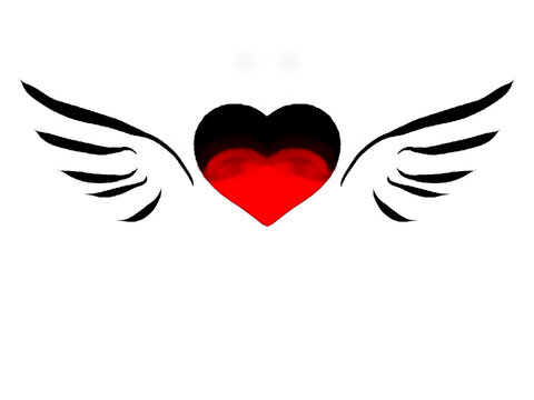 Red and black heart with black wings on a white background
