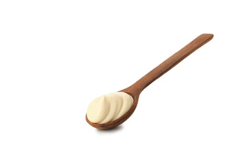 Spoon with mayonnaise sauce isolated on white background