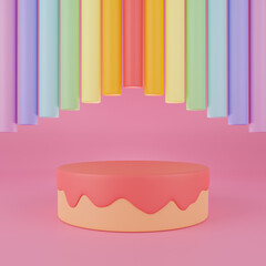 3d render cake podium with rainbow cylinders and pink background.