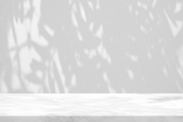 Fototapeta premium White Marble Table with Leave Shadow on Concrete Wall Texture Background, Suitable for Product Presentation Backdrop, Display, and Mock up.