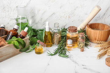 Ingredients for preparing potions on white background