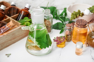 Ingredients for preparing potions on white background
