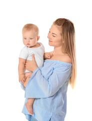 Happy mother with cute little baby on white background