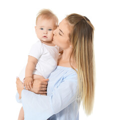 Happy mother with cute little baby on white background