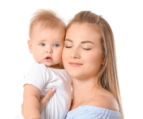 Happy mother with cute little baby on white background