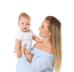 Happy mother with cute little baby on white background
