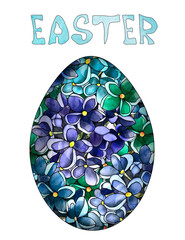 The inscription is Easter in blue. Illustration of a stylized egg made from flowers.