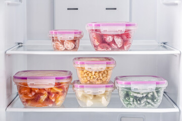 Containers with frozen vegetables in refrigerator