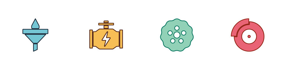 Set Funnel and oil drop, Check engine, Gear and Car brake disk with caliper icon. Vector.